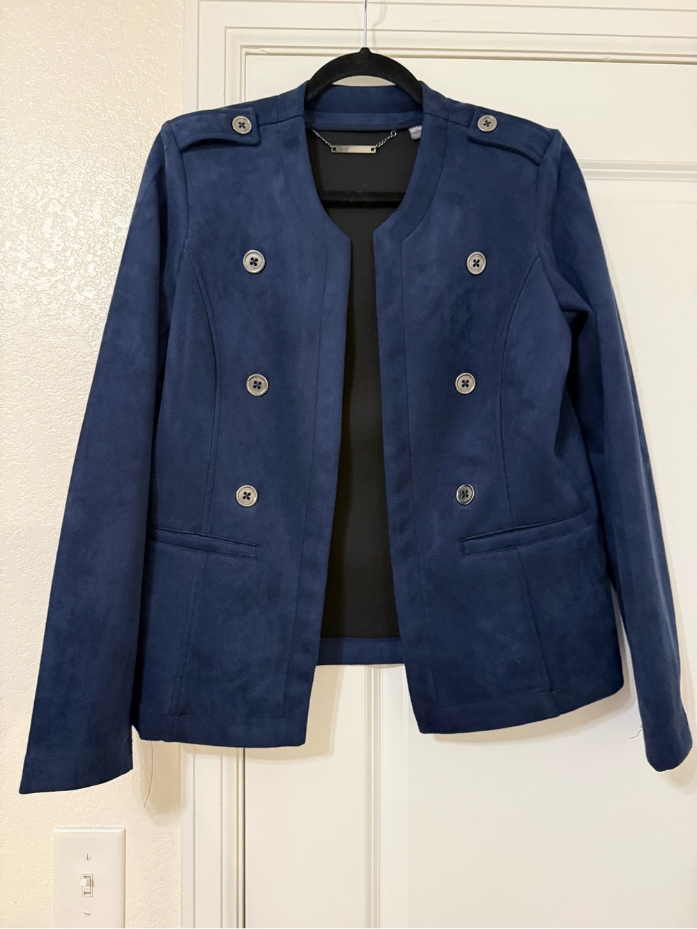 T Tahari Navy Double-Breasted Suede-Effect Blazer